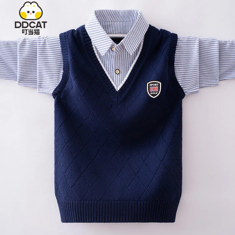 叮当猫男童针织毛衣秋装2025新款洋气中大儿童衬衫假两件学生马甲