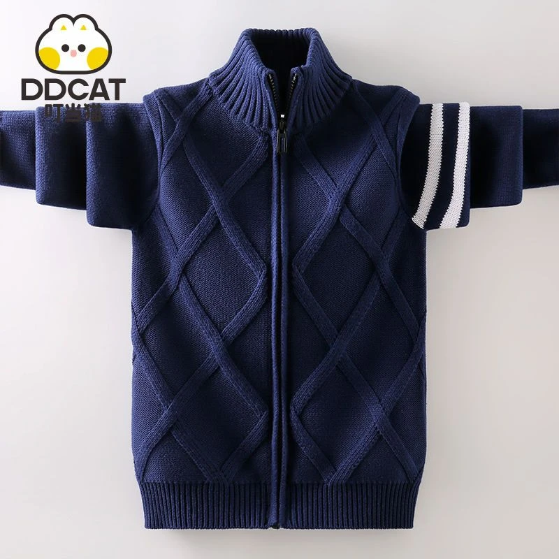 叮当猫男童毛衣针织开衫外套秋冬新款中大儿童加绒加厚纯棉针织衫