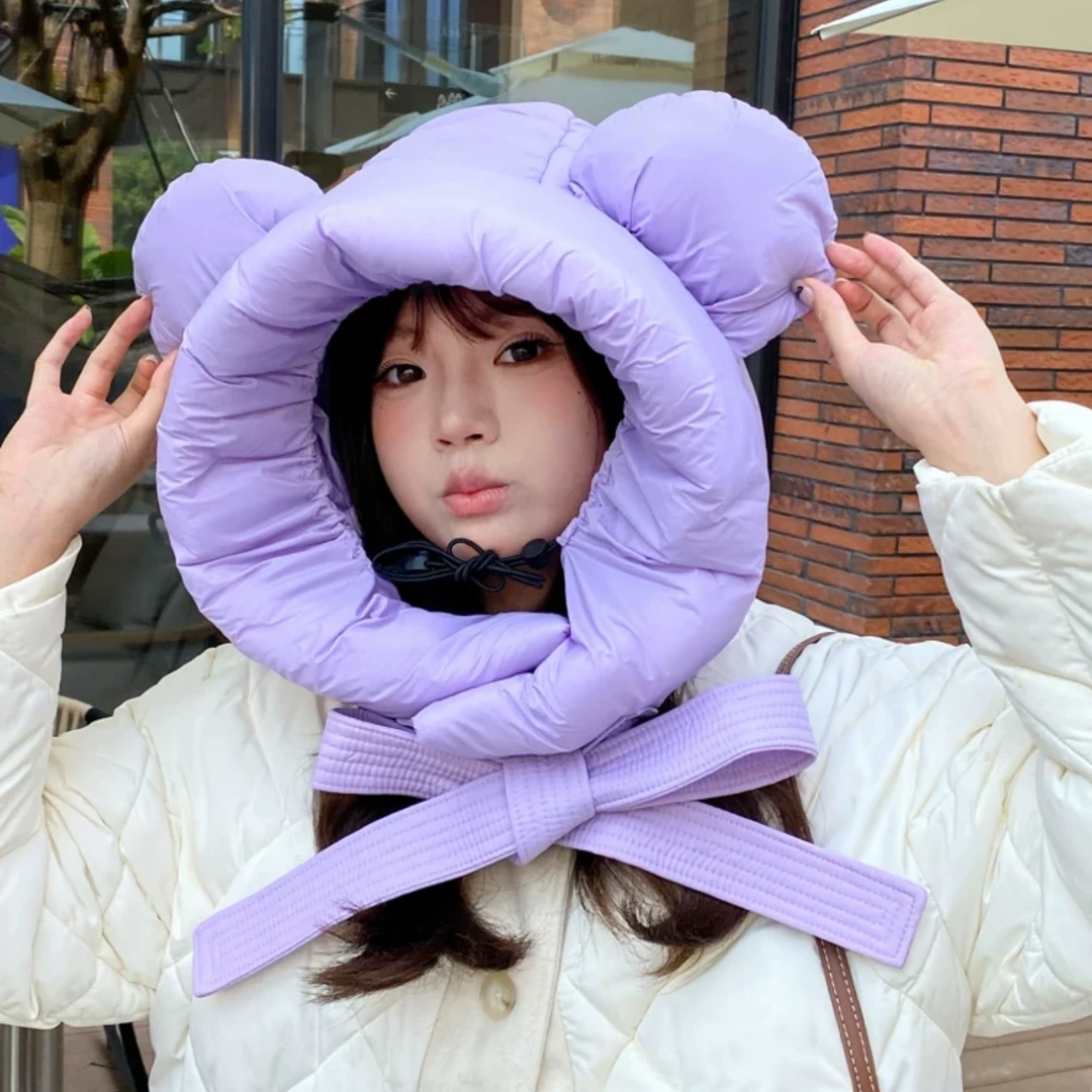 彩色熊猫羽绒披肩帽 冬季户外保暖防风大头围防寒帽子女可爱