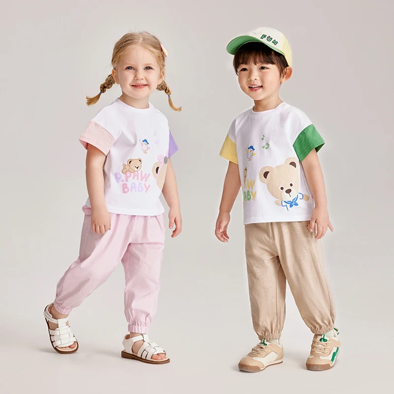 PawinPaw卡通小熊24夏季男女宝撞色拼接短袖T恤百搭PCRAE2591E