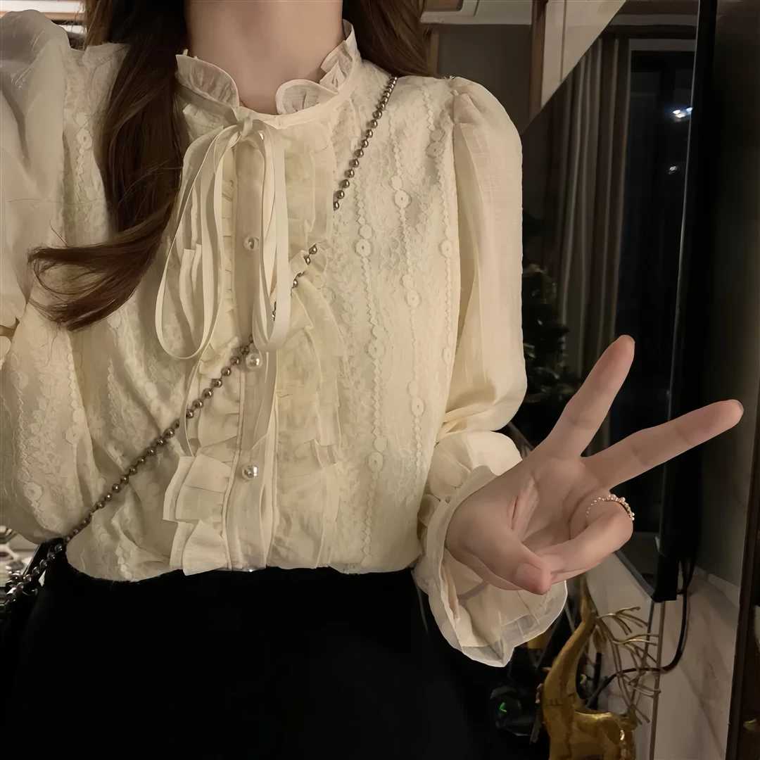 木耳边长袖衬衫女2024秋季新款系带气质百搭名媛风时尚上衣潮衬衣
