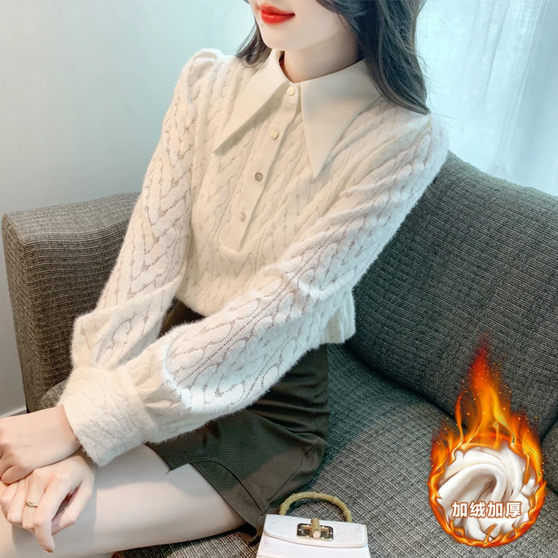 2385加绒娃娃领蕾丝打底衫女秋冬2023新款内搭温柔风漂亮小衫上衣