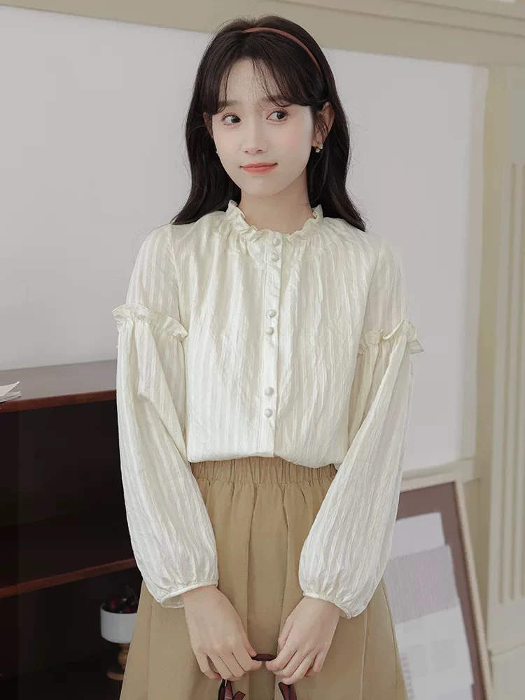文艺温柔风木耳领衬衫女长袖2024秋冬新款宽松休闲百搭长袖上衣