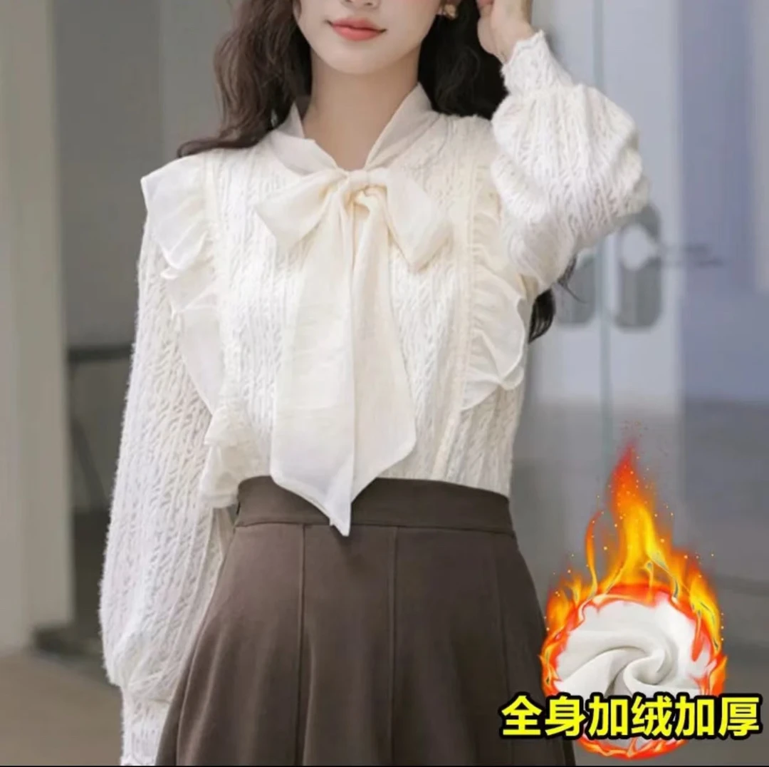 蝴蝶结蕾丝打底衫女秋冬加绒加厚长袖内搭法式飘带衬衫