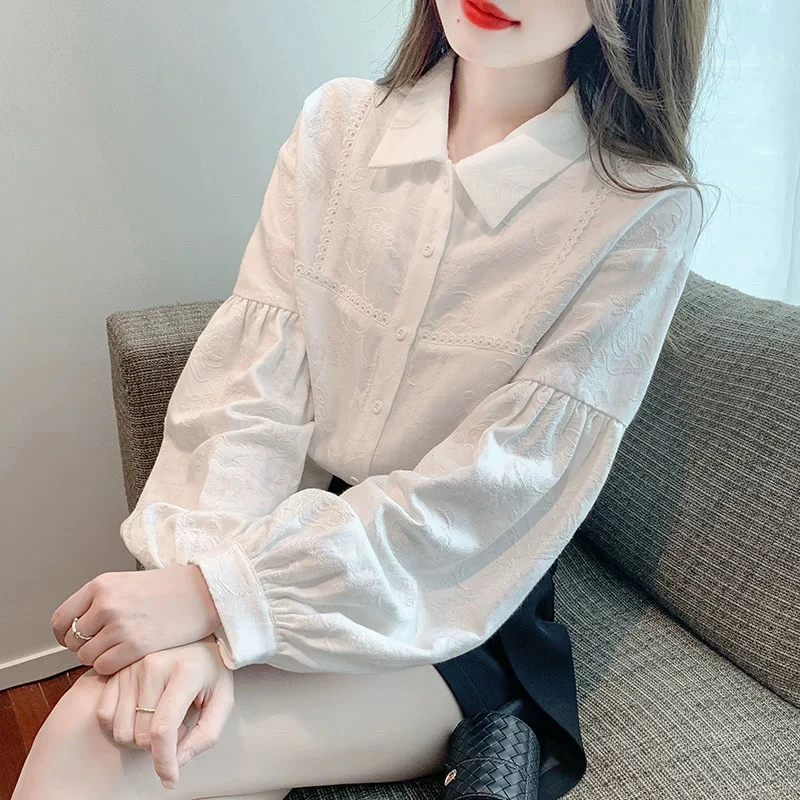 秋季设计感小众OL白色雪纺衬衫女2024新款宽松灯笼袖上衣翻领衬衣