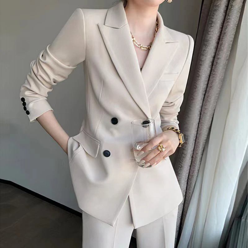 857杏色西装套装2024秋冬新款时尚气质双排扣女装西装套装女装