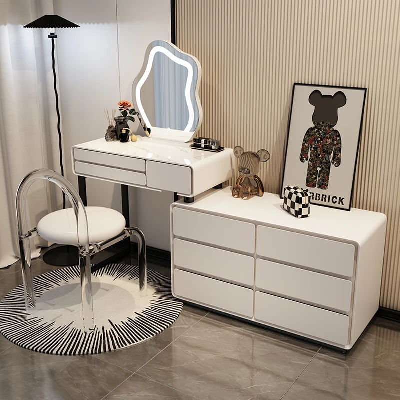 新款实木轻奢岩板梳妆台家用简约奶油风收纳梳妆台