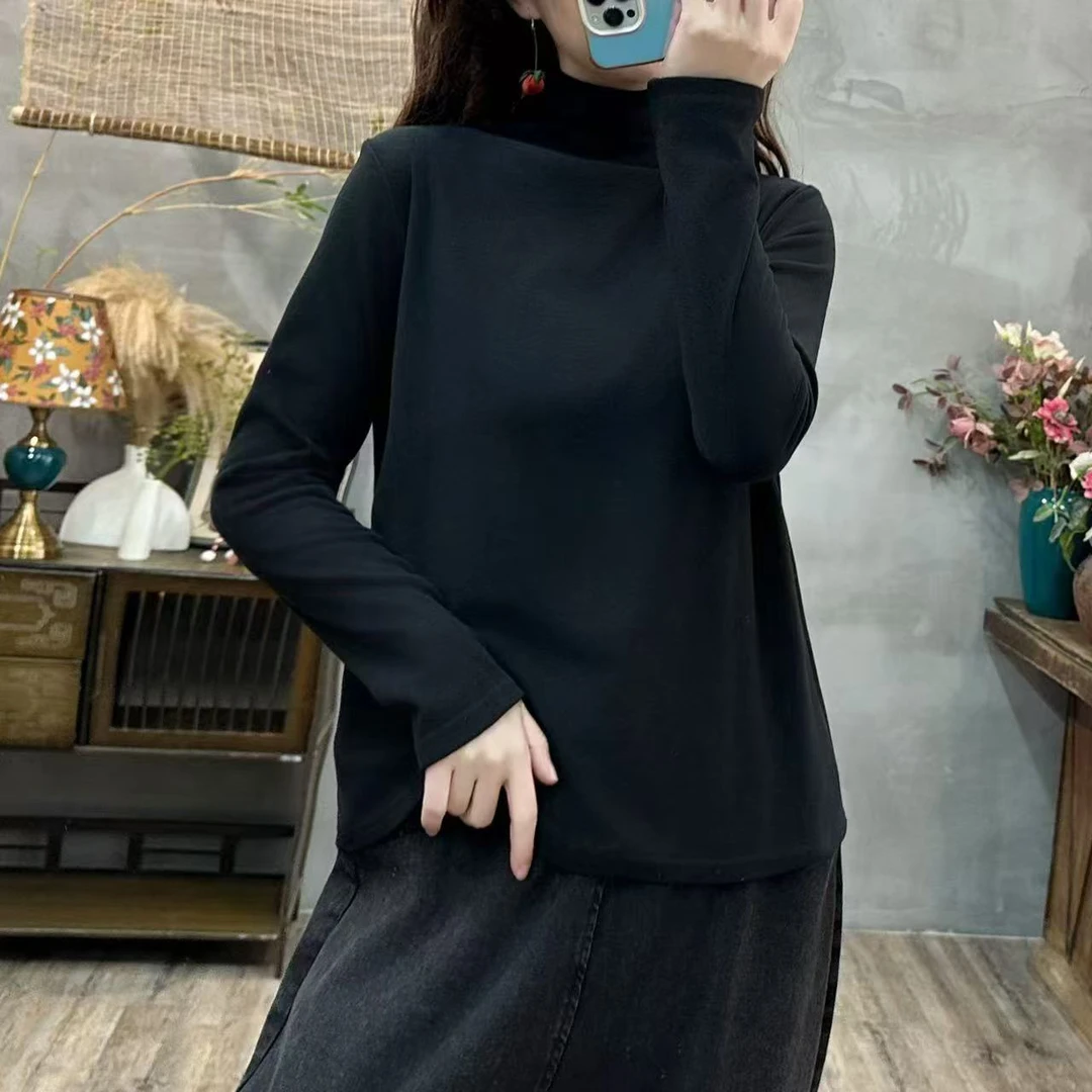 秋冬半高领德绒打底衫女士修身纯色百搭气质针织保暖休闲长袖T恤