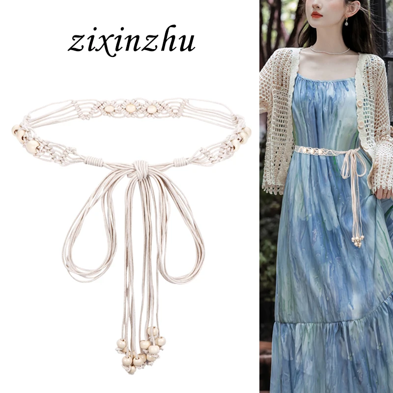 夏季白色腰带配饰女腰绳系带装饰配连衣裙子波西米亚民族风细绳子