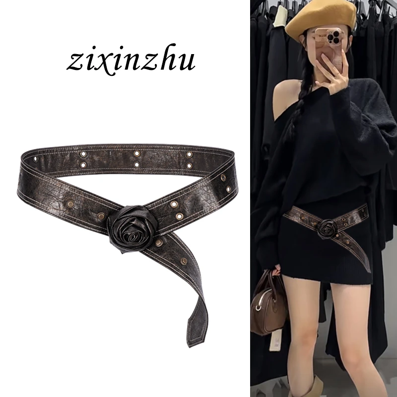 腰带配饰女美式复古玫瑰花装饰配连衣裙子y2k铆钉宽腰封2024新款