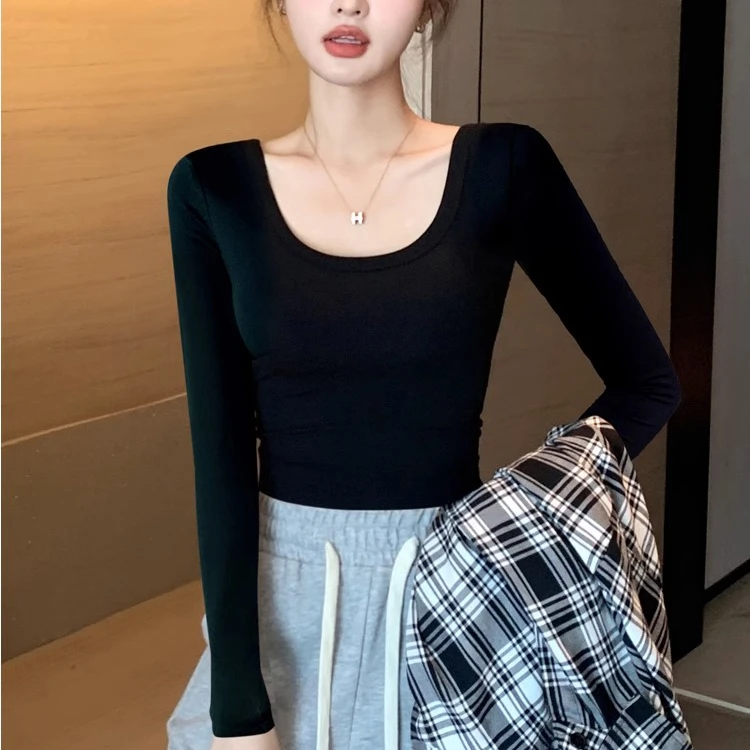 黑色圆领内搭女内衣长袖T恤纯棉U领紧身上衣洋气秋冬低领打底衫
