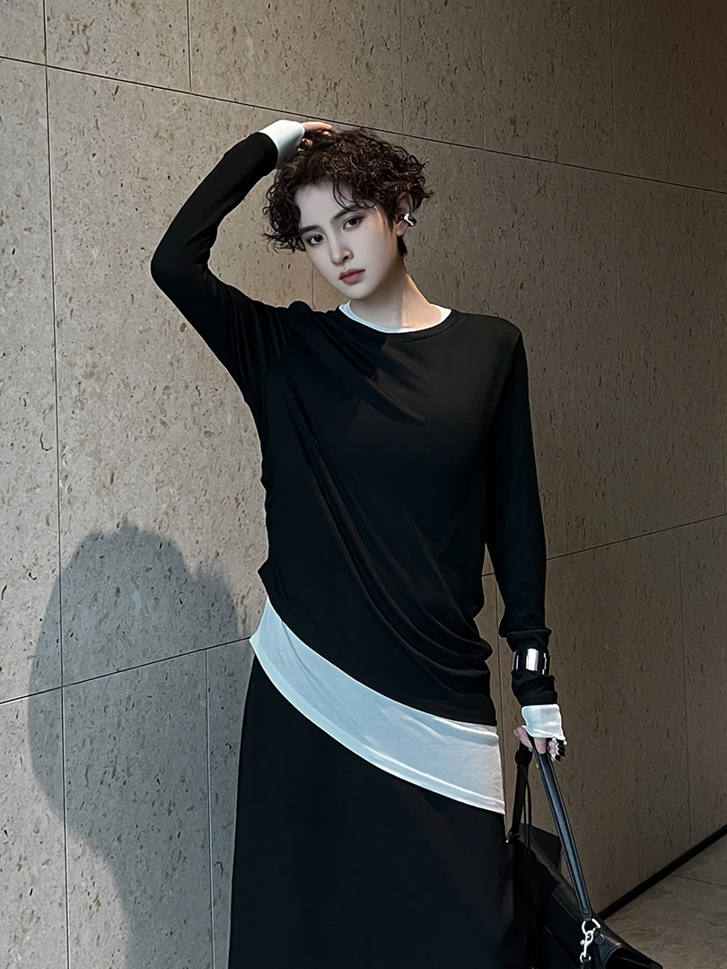 简约设计款二件拼接不规则显瘦T恤气质百搭撞色圆领长袖打底上衣