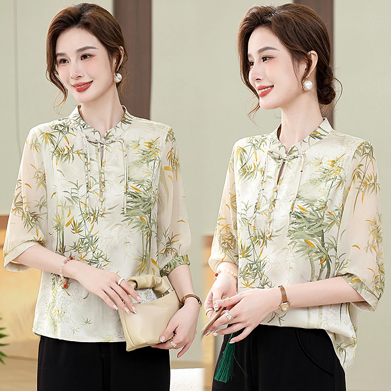 妈妈春夏新中式衬衫中老年女装七分袖夏季复古女士国风上衣气质
