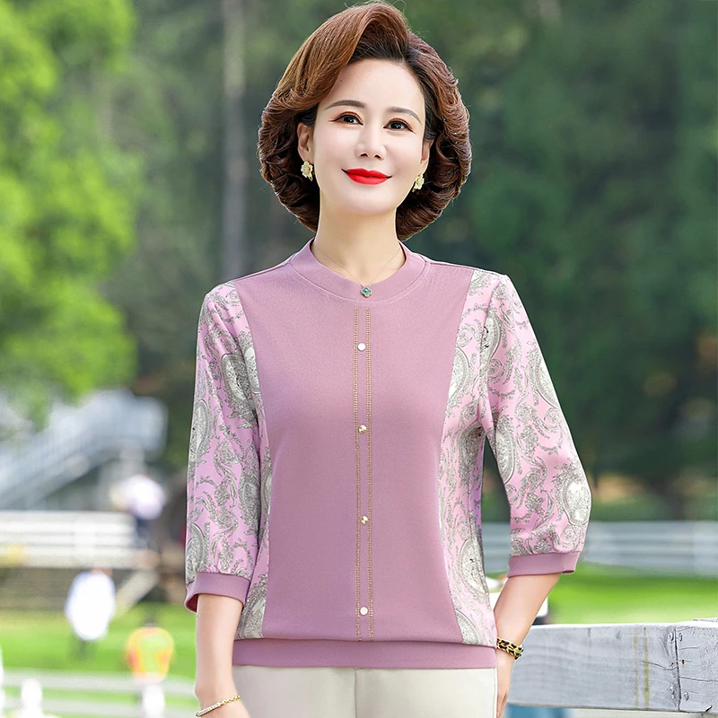 中年妈妈春装新款小衫洋气t恤中老年人女装宽松显瘦夏装中袖上衣