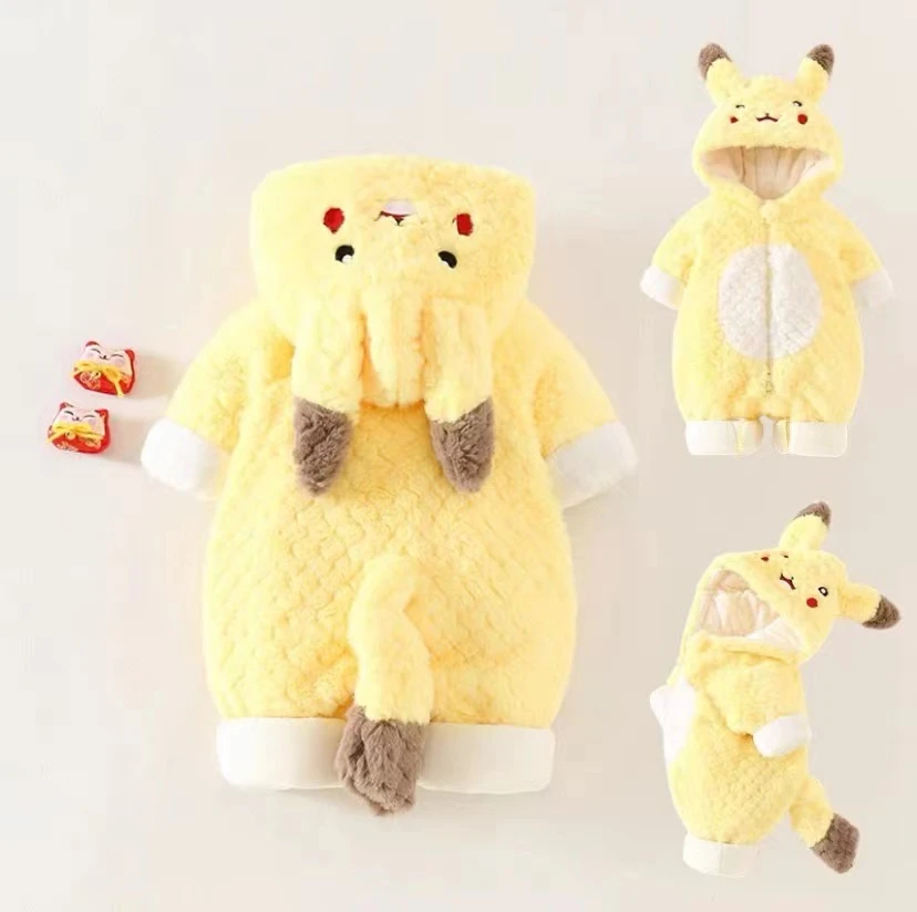 新款升级卡通皮卡丘超萌婴儿连体冬季加绒加厚外出服棉服