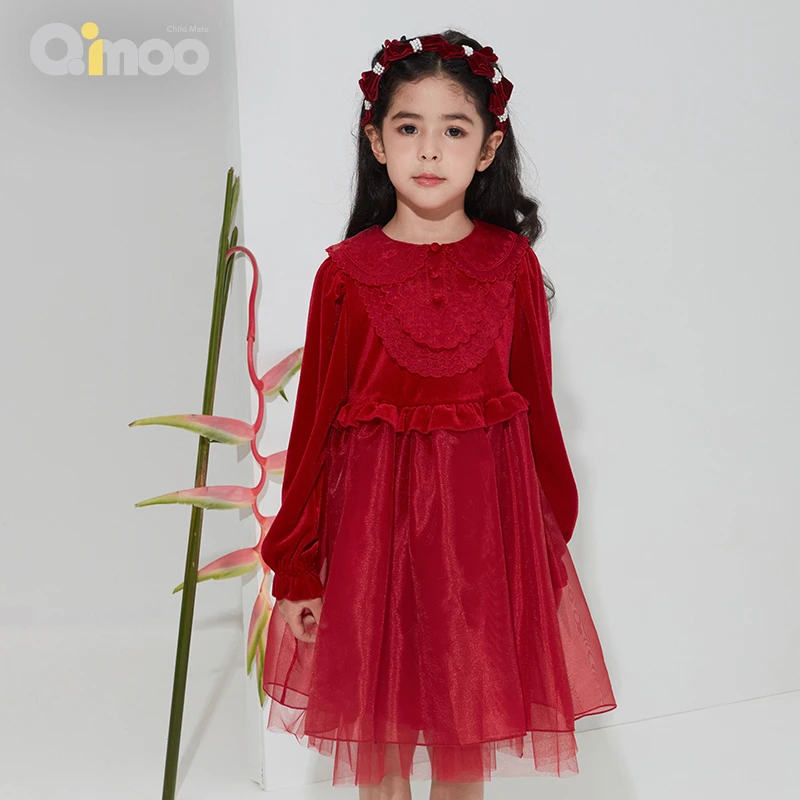 Qimoo 童装女童舒适拼接绣花丝绒长袖洋气公主连衣裙QMT1LP101A
