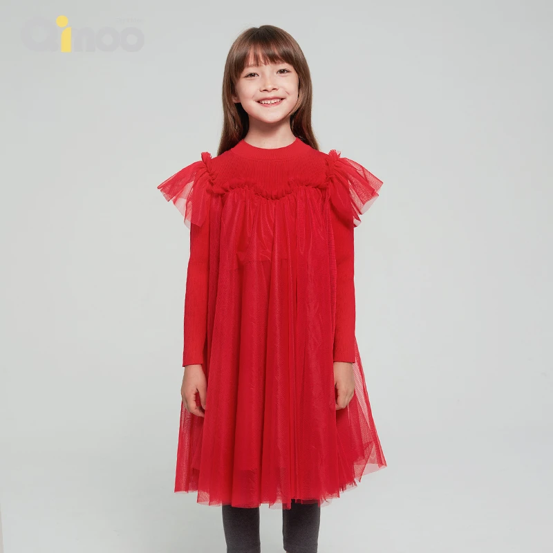 Qimoo/淇木23秋冬新款女童洋气纯色针织长袖网纱连衣裙QMT4LP692X
