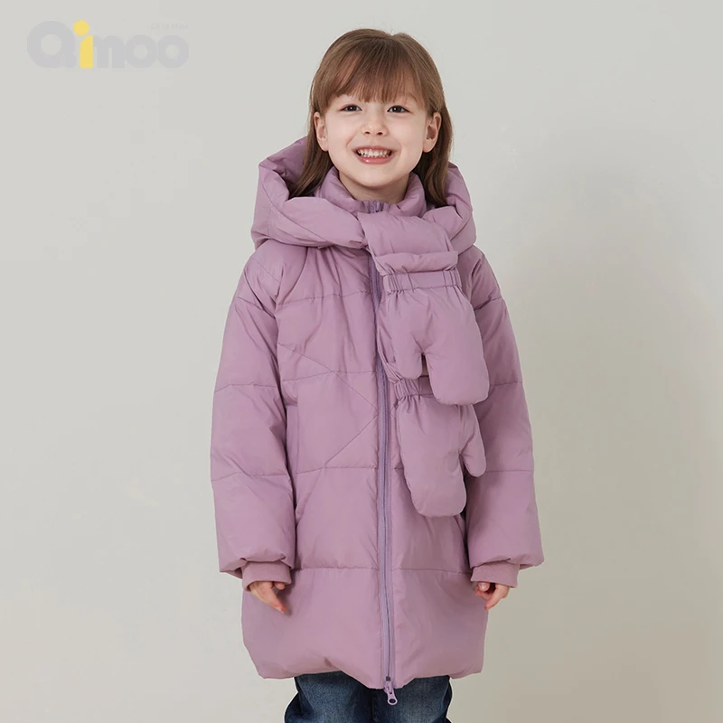 Qimoo 童装男女童22冬可爱保暖手套连帽中长款羽绒服QYH4YP105A