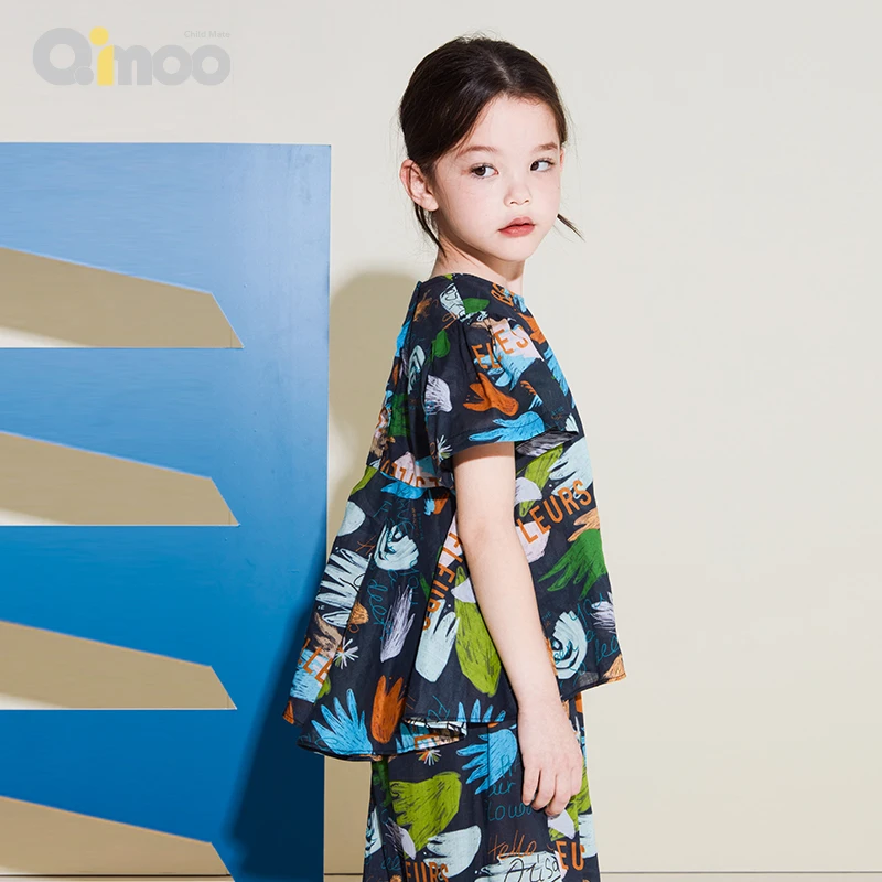 Qimoo 童装23夏季女童休闲简约俏皮棉麻印花T恤娃娃衫QMT2TP218B