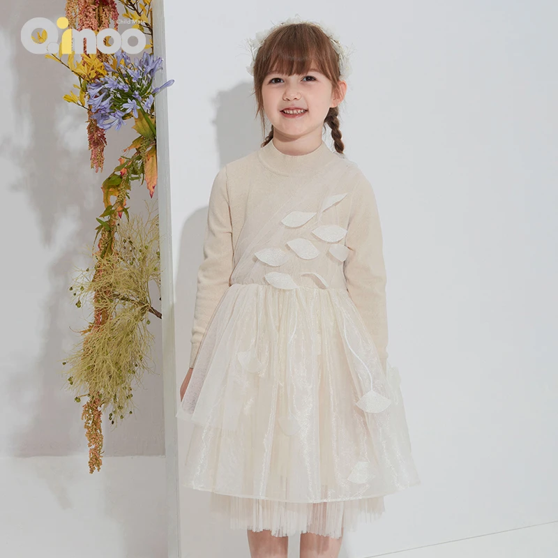 Qimoo/淇木23春季女童舒适针织休闲拼接长袖公主连衣裙QMT1LC107A