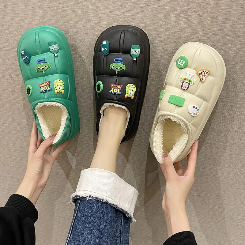 防水棉拖鞋女冬季外穿可爱卡通室内家居包跟加绒保暖厚底防滑棉鞋