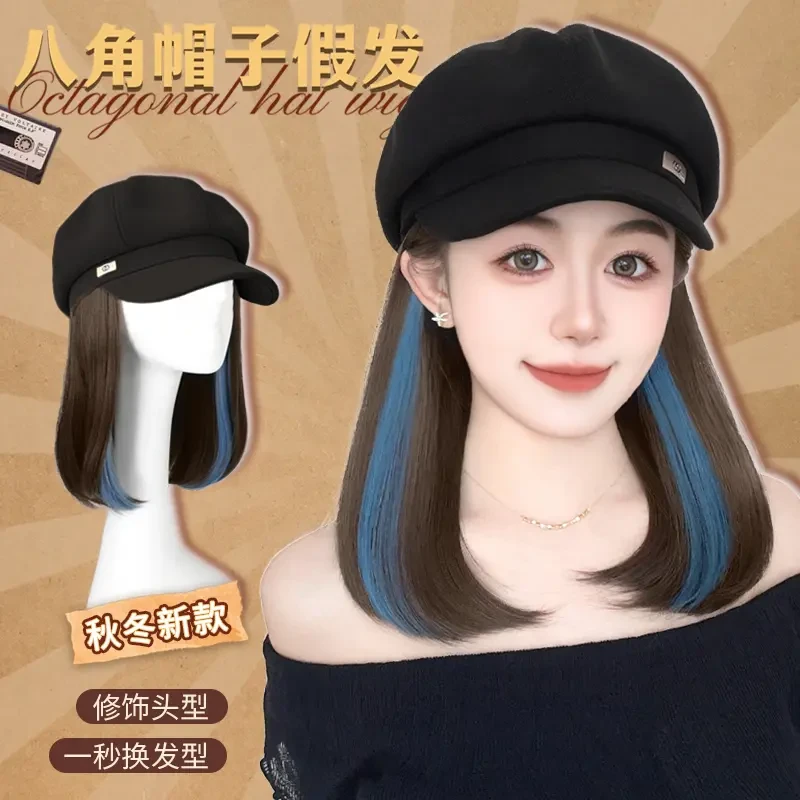 婷子假发/内扣挑染蓝贝雷帽假发一体秋冬新款显脸小仿真帽子假发