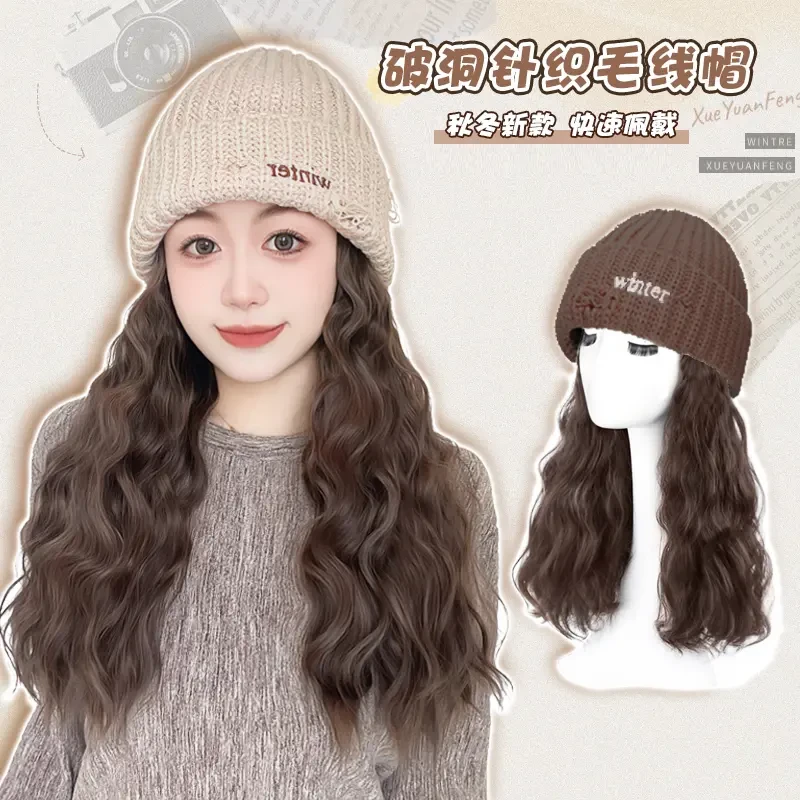 婷子假发/羊毛卷Wi破洞针织帽2023秋冬新款大头围毛绒帽子假发