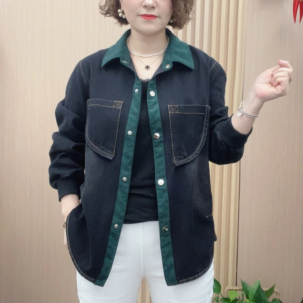 中老年妈妈装2024秋季新款大码休闲宽松水洗软牛仔短款外套翻领