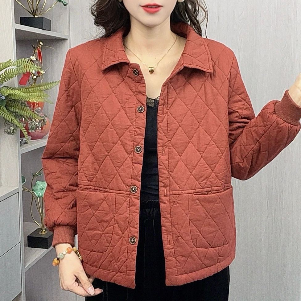 短款夹棉外套女2025新款秋冬韩版宽松大码外套菱格轻薄棉衣款