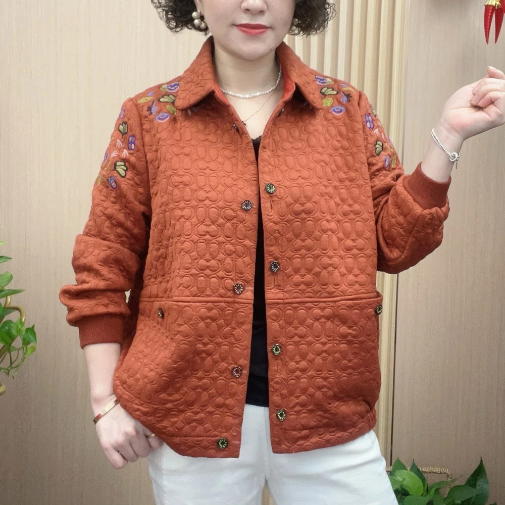 秋季洋气绣花翻领中年夹克外套韩版宽松大码休闲时尚妈妈上衣
