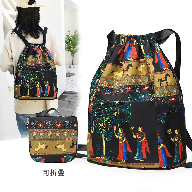 束口双肩收纳包外出旅行轻便休闲抽绳束口袋双肩包新款印花大容量