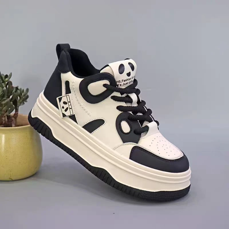 展风2024秋萌大头黑白熊猫鞋女高帮百搭厚底运动休闲板鞋女