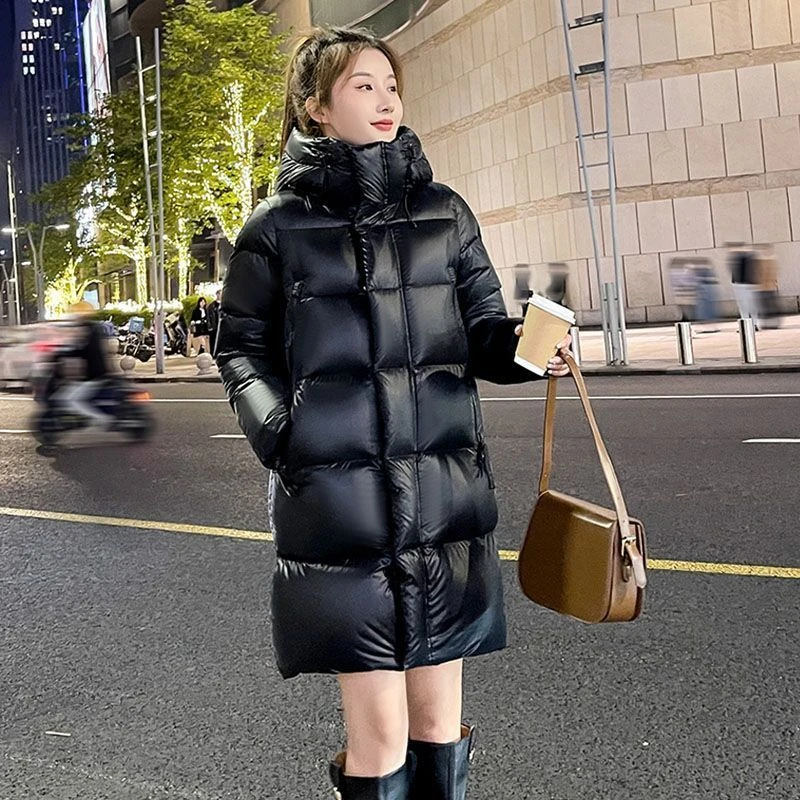 波司澄黑色中长款羽绒服女年过膝韩版白鸭绒休闲加厚宽松新款外套