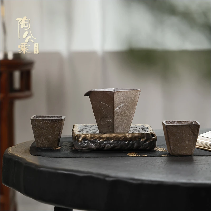 陶公粟原矿底槽青还原烧《执方杯》套组140cc手制精美紫砂套杯