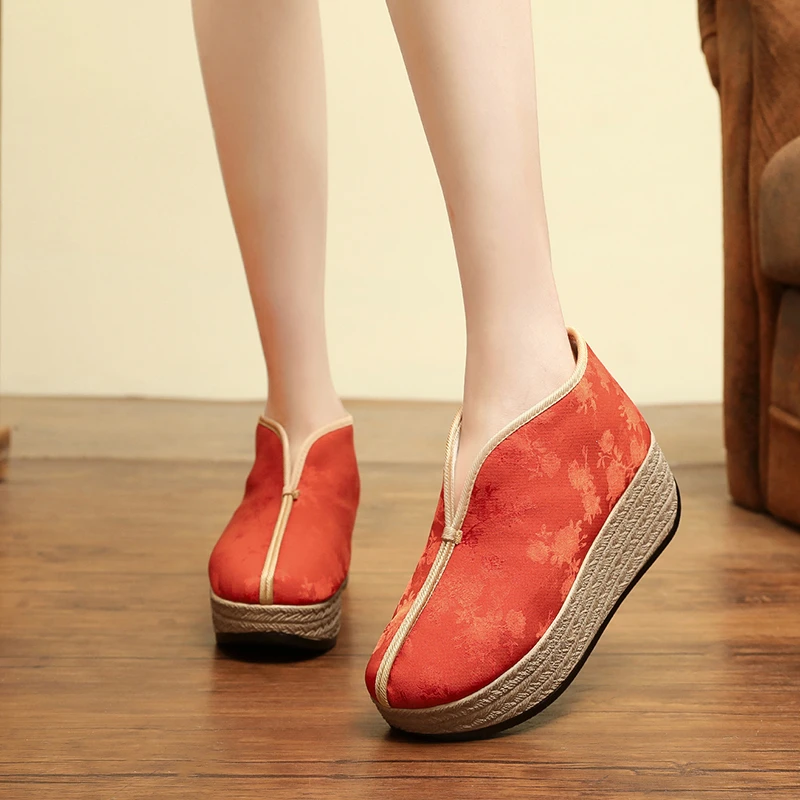 四代汉诺依1618-272春秋宋锦面料纯色提花女鞋民族风低帮厚底棉鞋