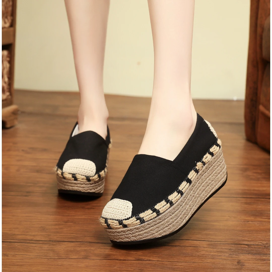 四代汉诺依1618-27民族风女新款拼接麻边女单鞋松糕厚底女布鞋帆