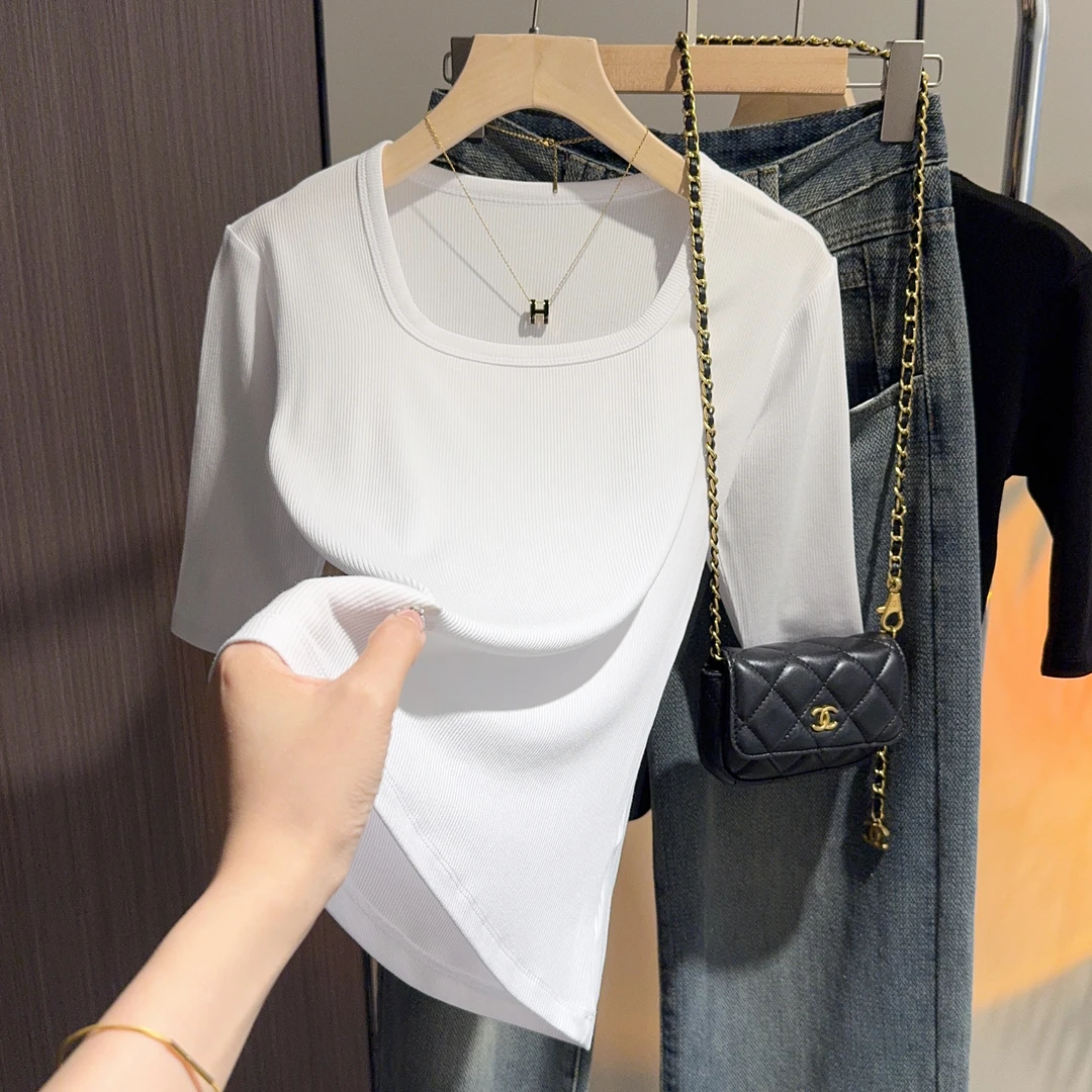 方领螺纹中袖修身洋气百搭五分袖纯色上衣打底衫女装内搭冰丝t恤