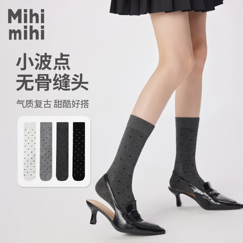 Mihimihi春秋袜子女波点中筒袜显瘦百搭格雷系jk柔软长筒堆堆袜