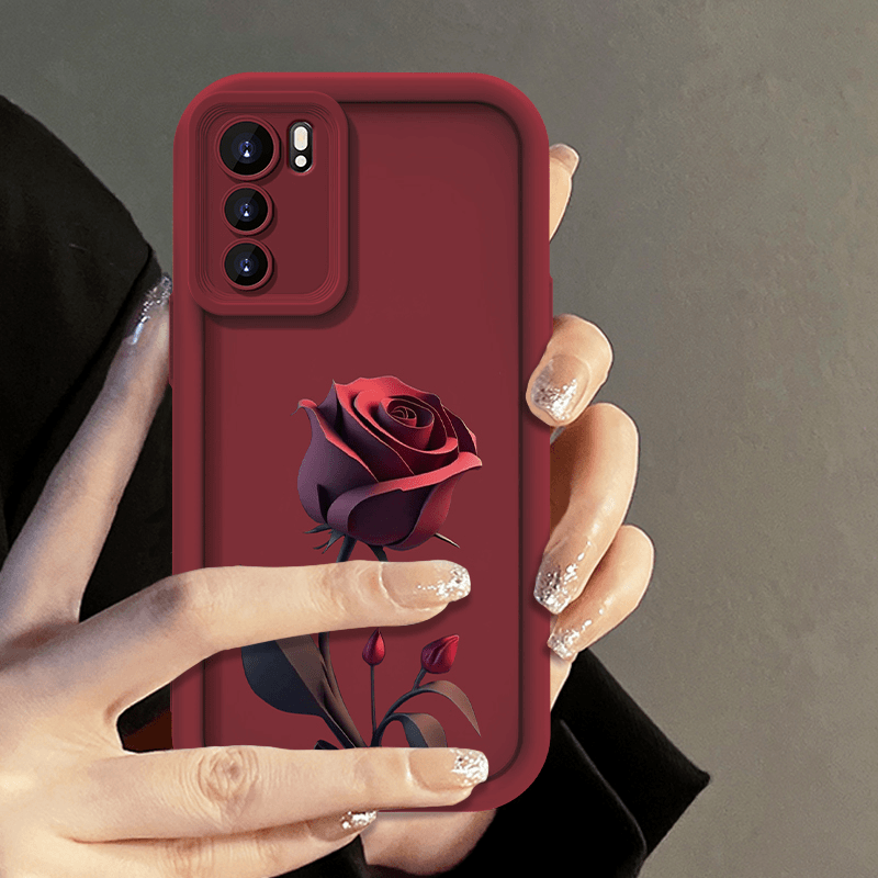 适用于【OPPO Reno6】一朵暗红玫瑰亲肤硅胶全包摄像头防摔手机壳