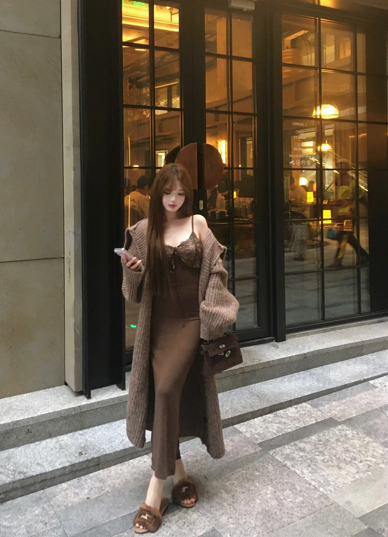 Yucii 秋冬大被子软糯毛衣针织外套女气质宽松中长款开衫