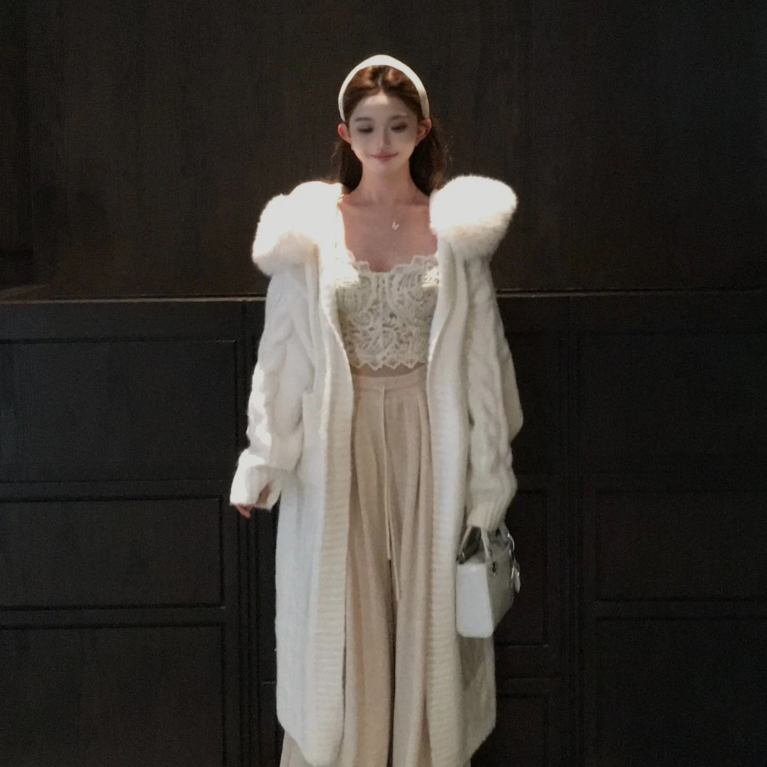 Yucii 软糯舒适区~奶白色长款毛衣开衫可拆卸毛领宽松大外套