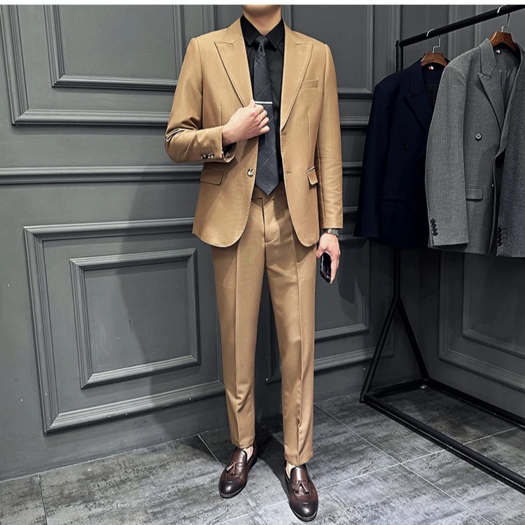 新款戗驳领轻奢纯色男士商务休闲西装套装韩版修身帅气职业
