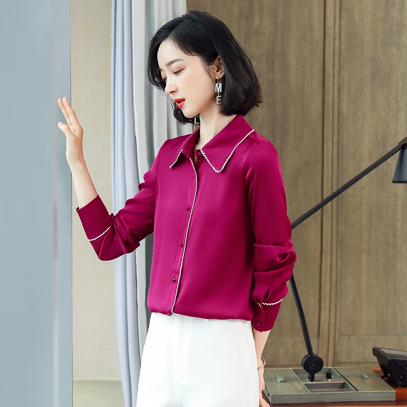 真丝衬衣女时尚气质包边翻领百搭职场范儿单排包扣重磅真丝衬衫女