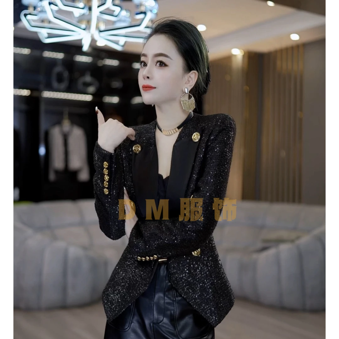 【D.M】订制款气质显瘦重工亮片加绒外套55168