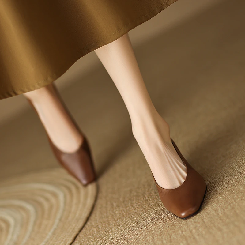 【L&T】【3.5cm】粗跟方头牛皮浅口单鞋女鞋舒适百搭棕色复古鞋子