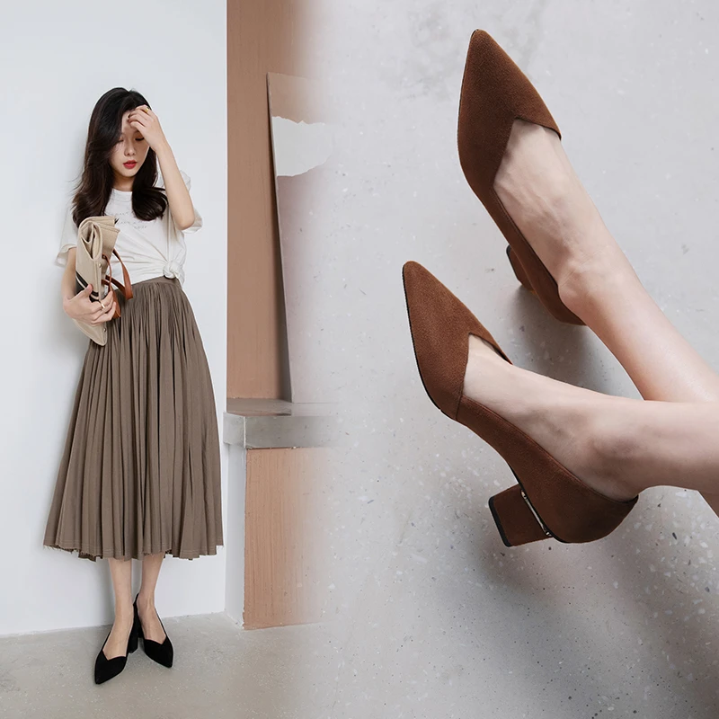 【L&T】【5cm】粗跟尖头羊皮浅口单鞋女士通勤百搭法式黑色高跟鞋