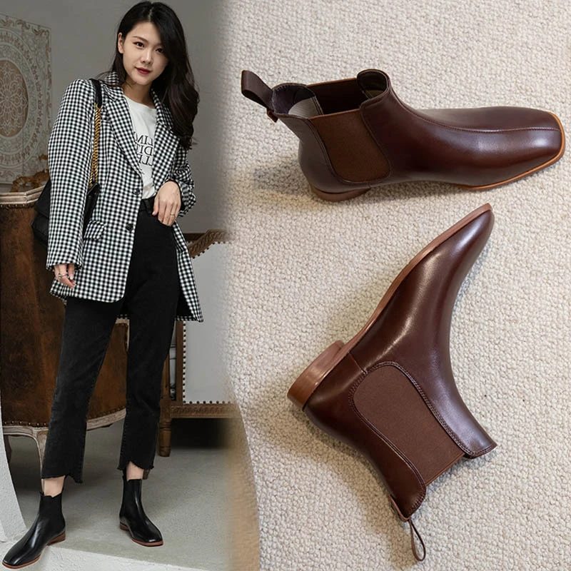 【L&T】【2CM】平度粗跟方头牛皮切尔西短靴女秋冬季加绒棕色靴子
