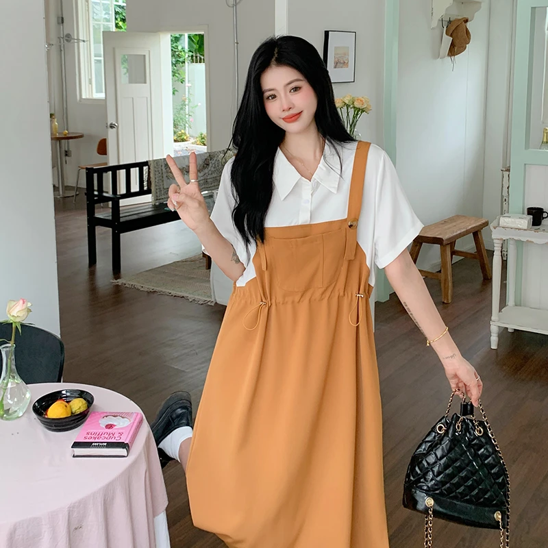 5159大码女装夏季韩版宽松淑女拼色连衣裙大码长裙