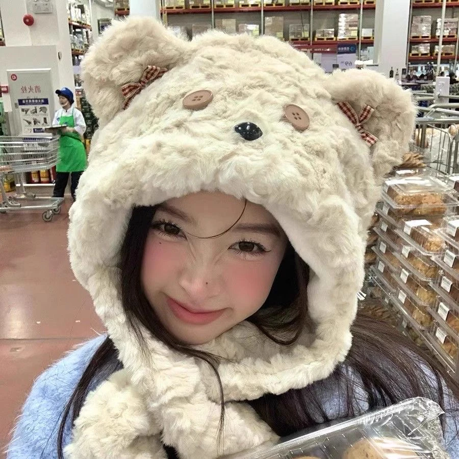 韩版卡通小熊百搭学生加厚保暖加绒防风帽子百搭学生加厚