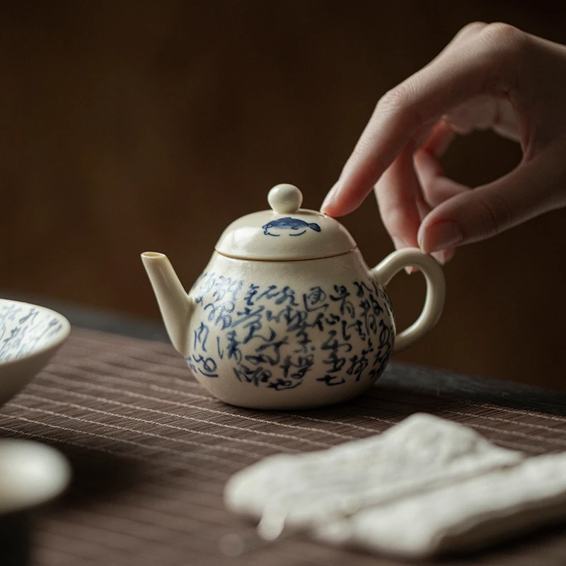 磐皿｜苏打釉青花诗文茶壶家用手抓壶单壶带过滤纯手工陶瓷茶具
